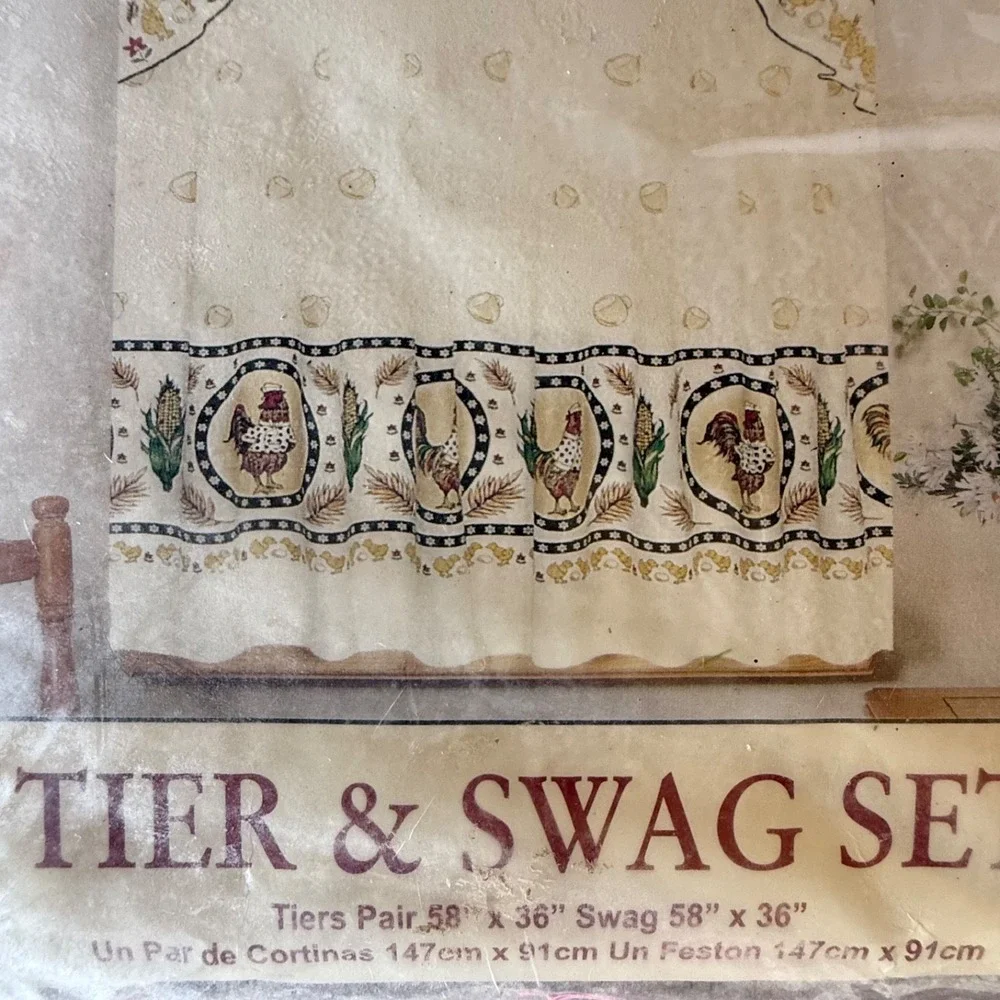 Vintage Farmhouse Rooster‎ Chicken Kitchen Curtain Set 3 Pc Tier & Swag 58x36